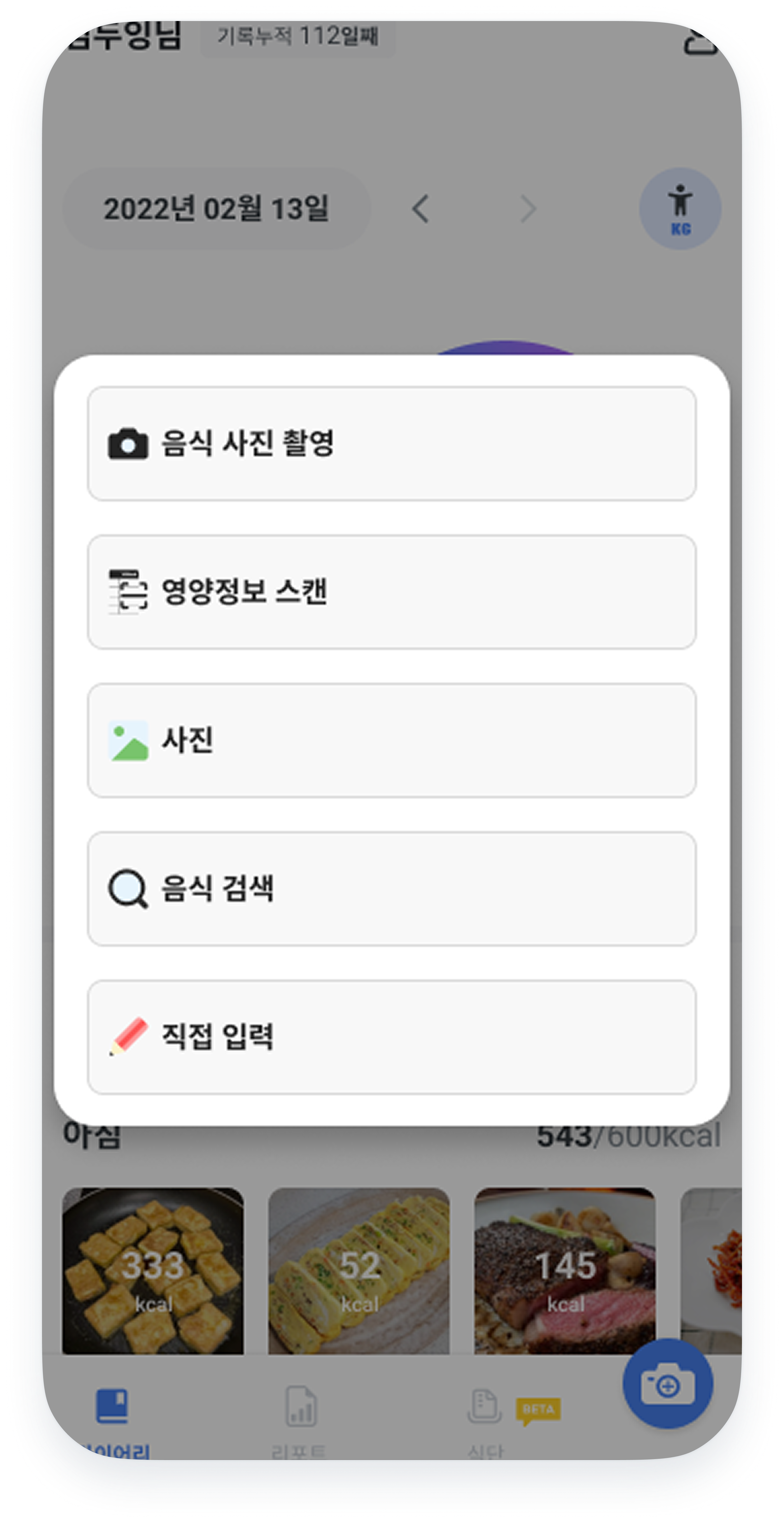 FoodLens 5가지 입력 방식 실제 앱 화면